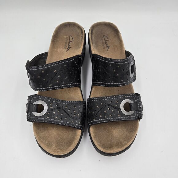 Clarks Bendables Leather Comfort Slide Sandals Brown Women Size 8 M 2" Heel - Picture 2 of 11